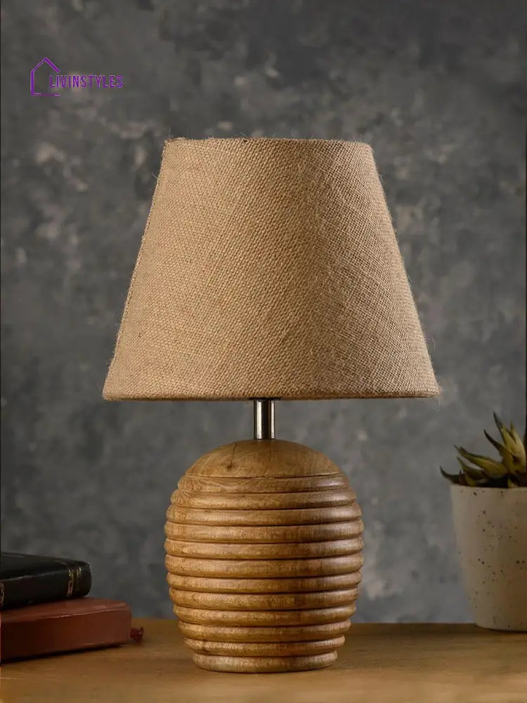 Striped Wooden Brown Lamp With Jute Shade