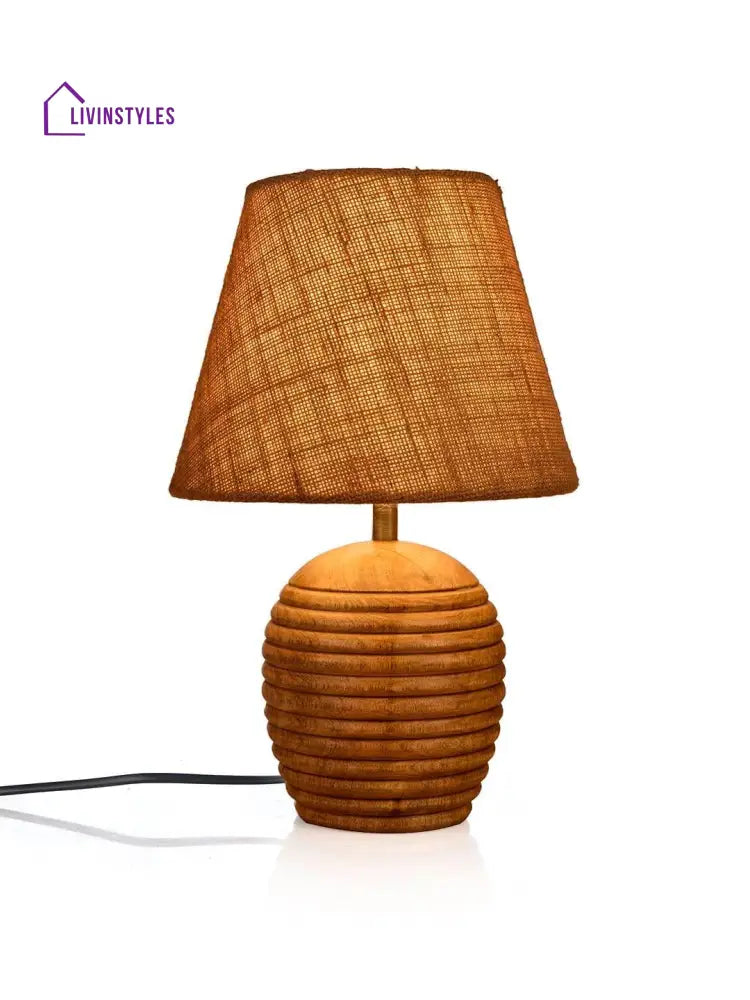 Striped Wooden Brown Lamp With Jute Shade