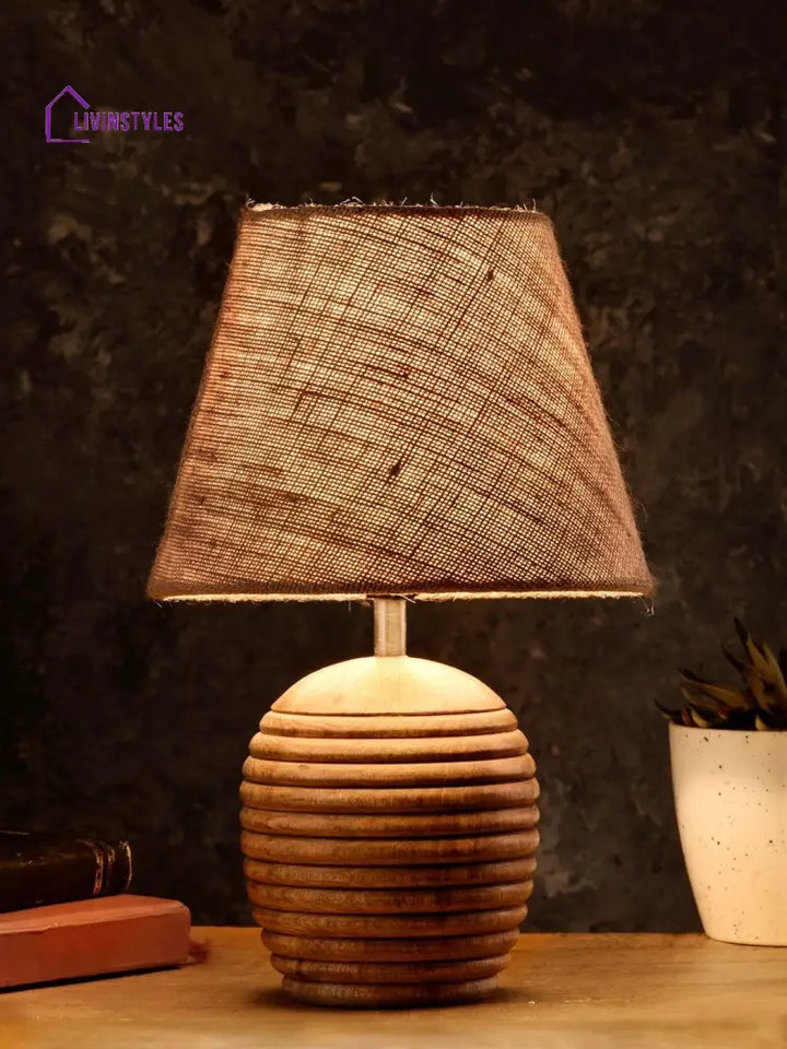 Striped Wooden Brown Lamp With Jute Shade