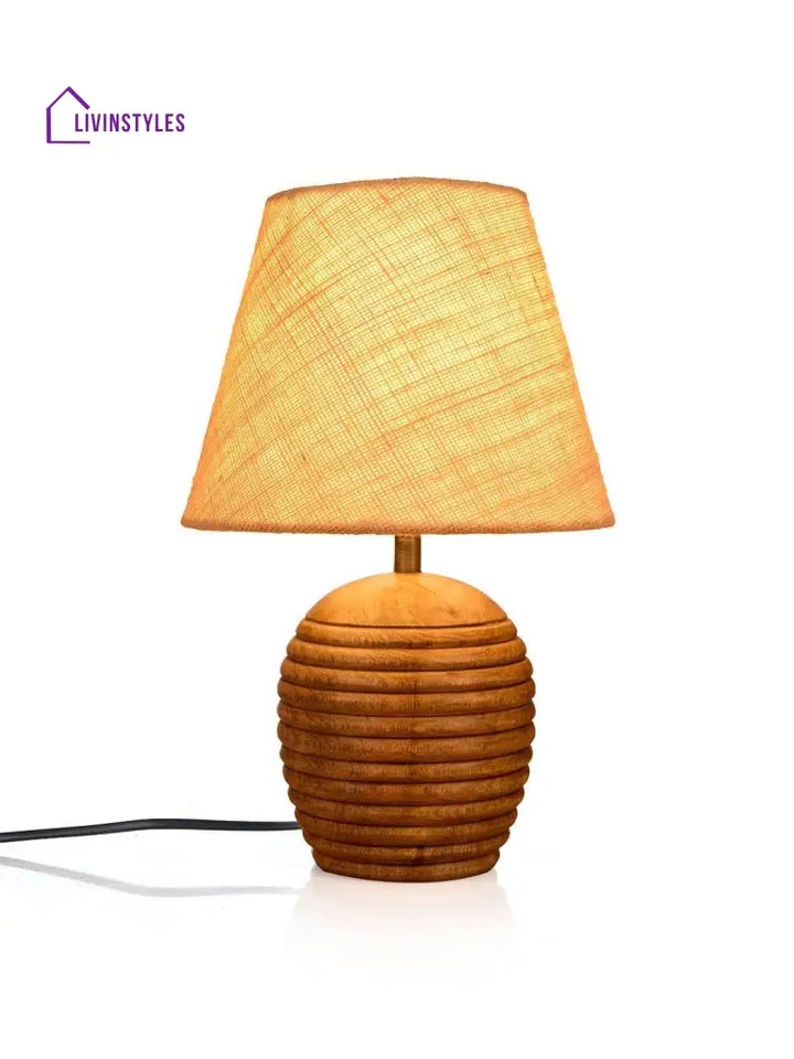 Striped Wooden Brown Lamp With White Jute Shade