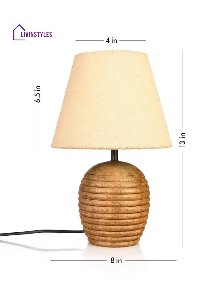 Striped Wooden Brown Lamp With White Jute Shade