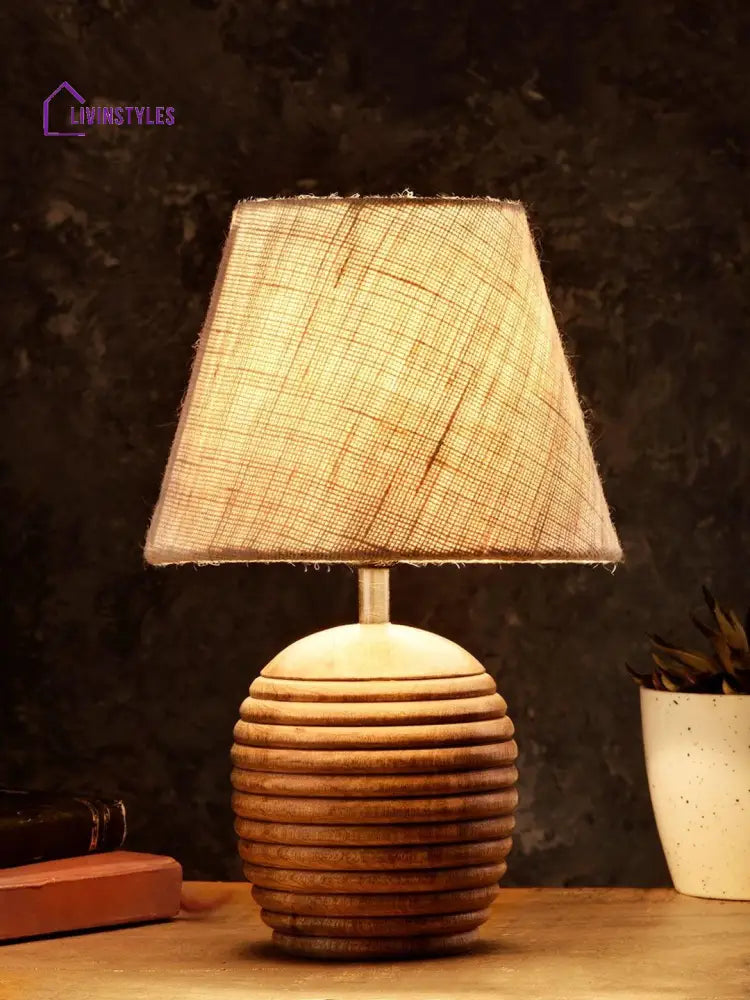 Striped Wooden Brown Lamp With White Jute Shade