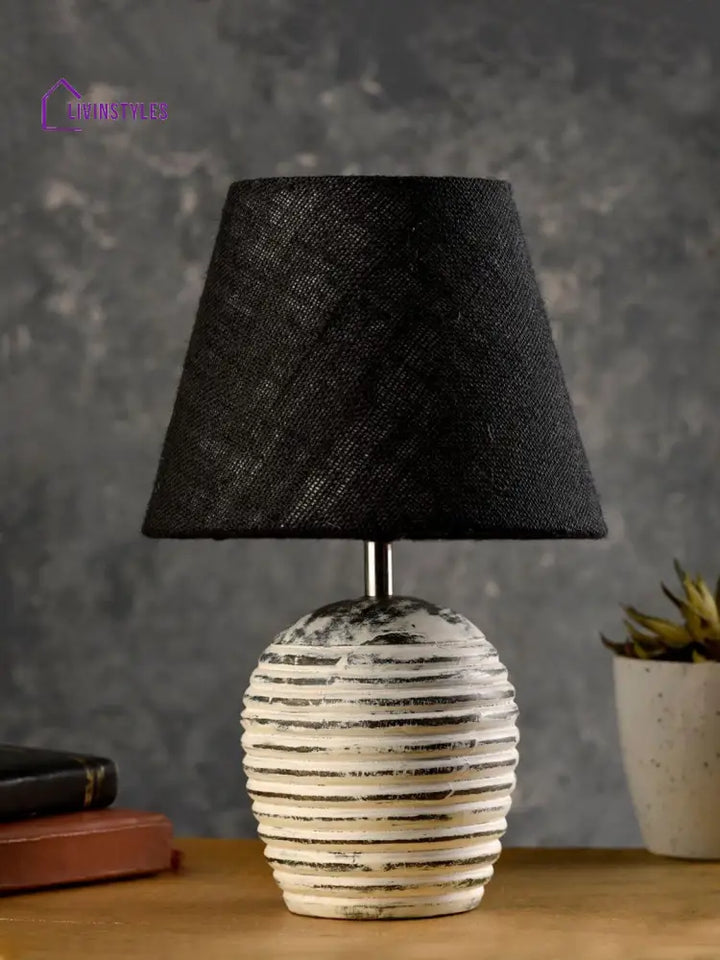 Striped Wooden White Lamp With Black Jute Shade