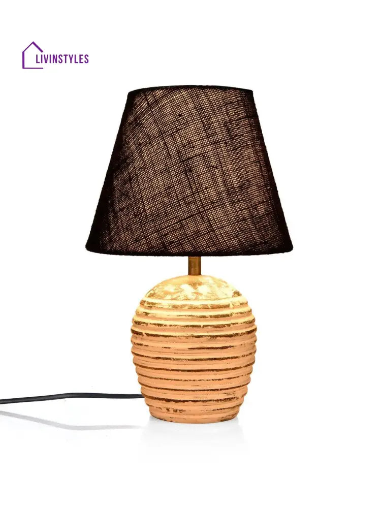 Striped Wooden White Lamp With Black Jute Shade