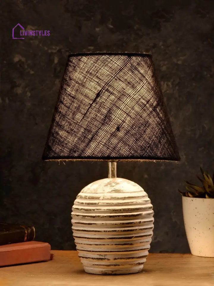 Striped Wooden White Lamp With Black Jute Shade