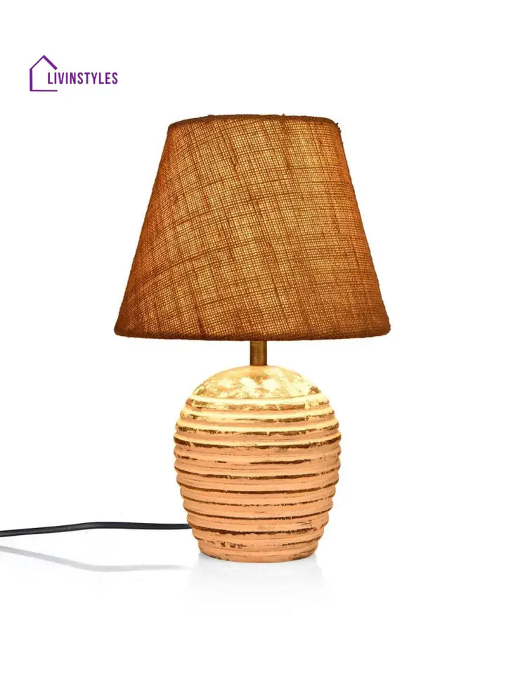 Striped Wooden White Lamp With Brown Jute Shade