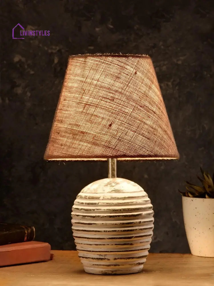 Striped Wooden White Lamp With Brown Jute Shade