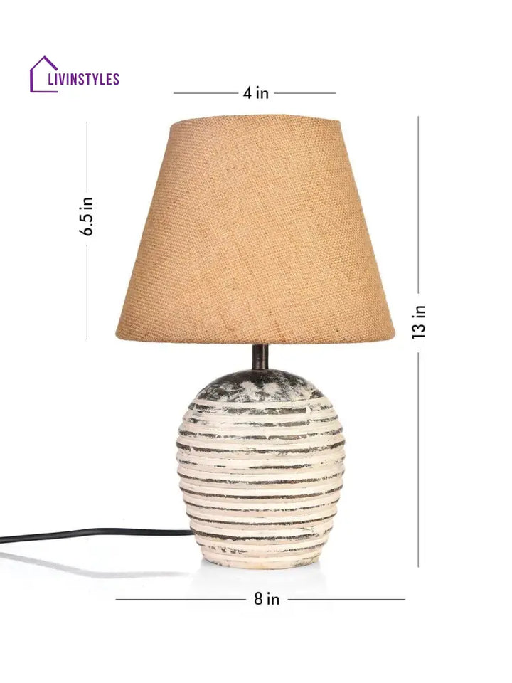 Striped Wooden White Lamp With Brown Jute Shade