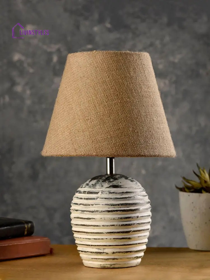 Striped Wooden White Lamp With Brown Jute Shade