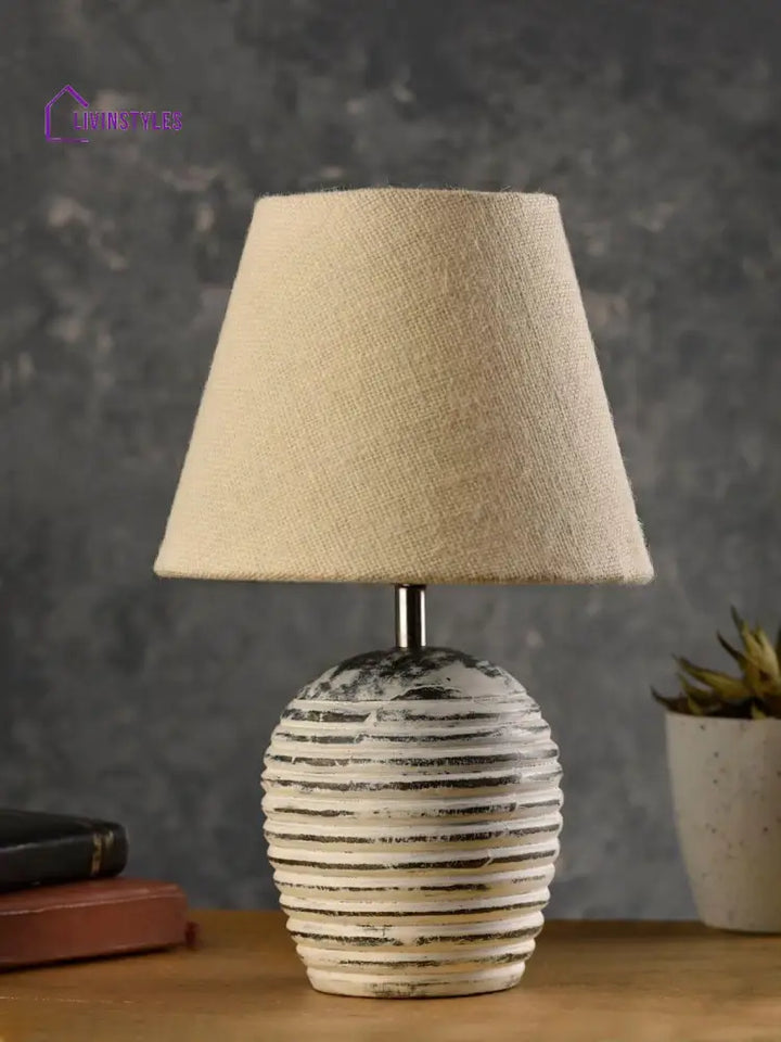 Striped Wooden White Lamp With Jute Shade