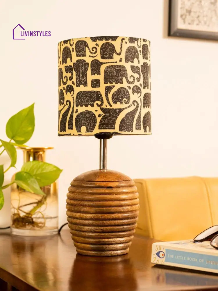 Stripped Brown Lamp With Black Elephant Multicolor Shade Table