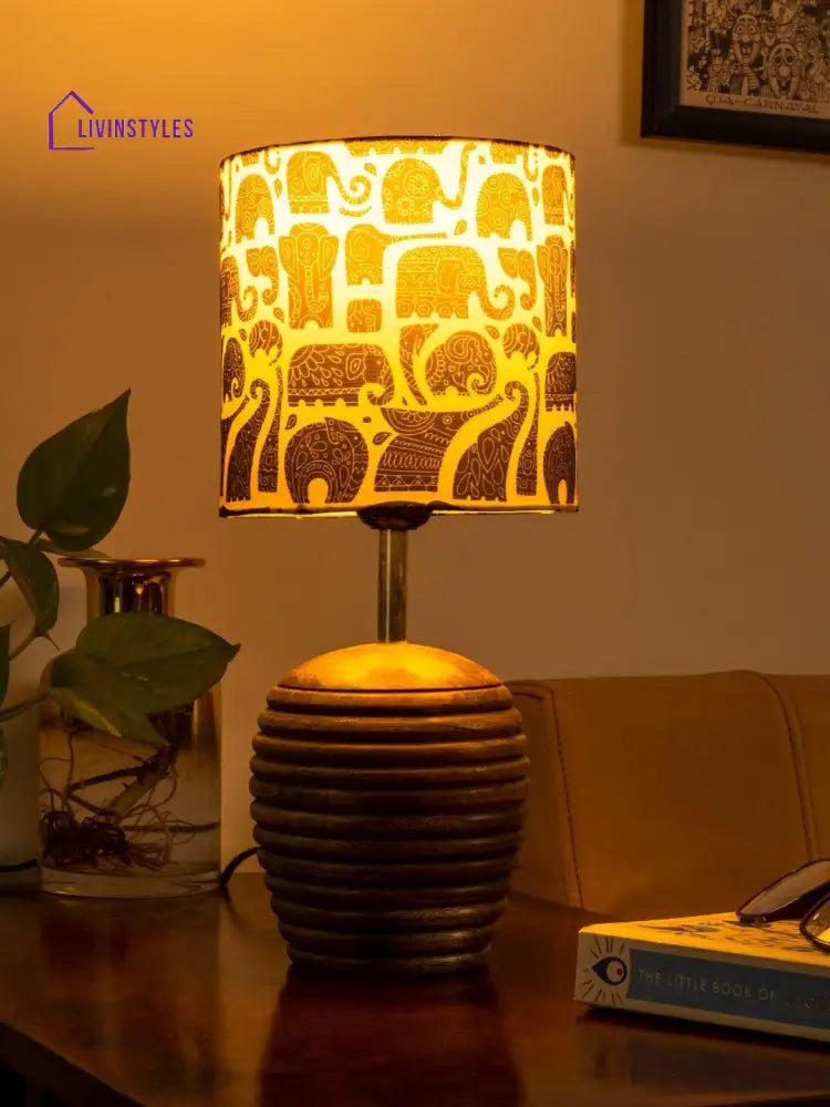 Stripped Brown Lamp With Black Elephant Multicolor Shade Table