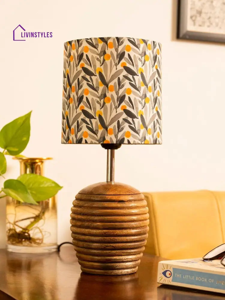 Stripped Brown Lamp With Yellow Leaves Multicolor Shade Table