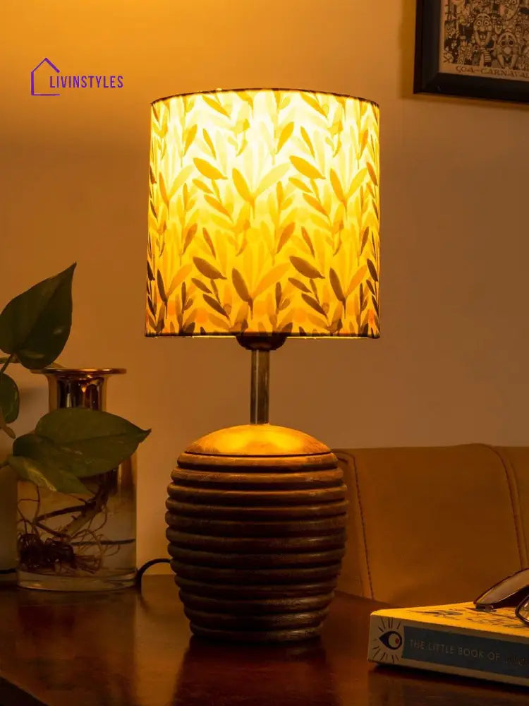 Stripped Brown Lamp With Yellow Leaves Multicolor Shade Table