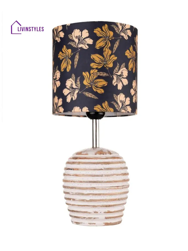 Stripped Distress White Lamp With Black Floral Multicolor Shade Table