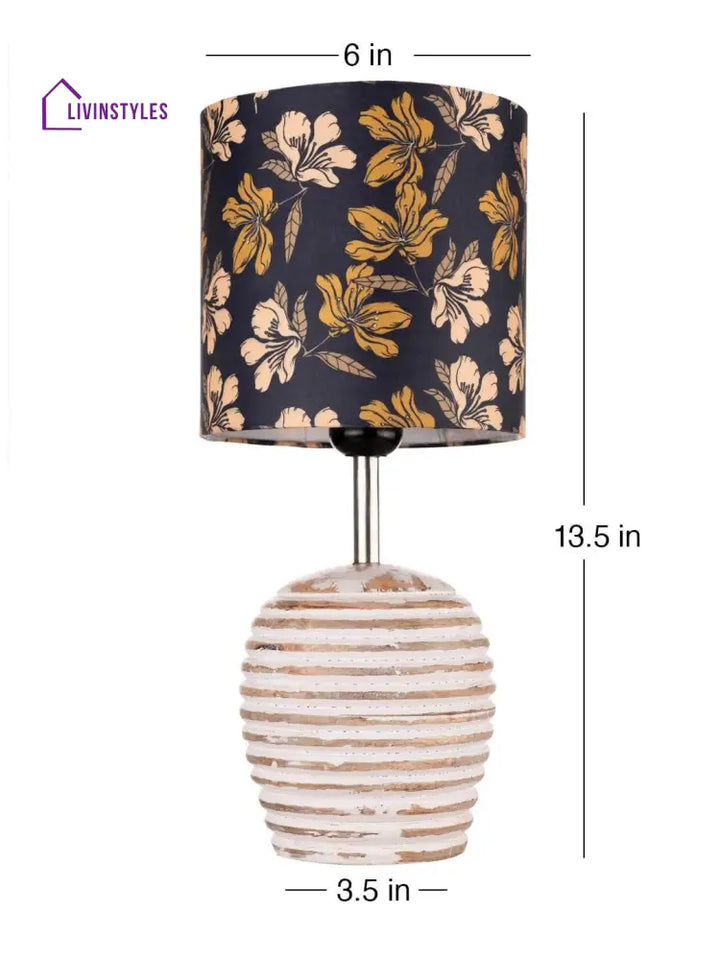 Stripped Distress White Lamp With Black Floral Multicolor Shade Table