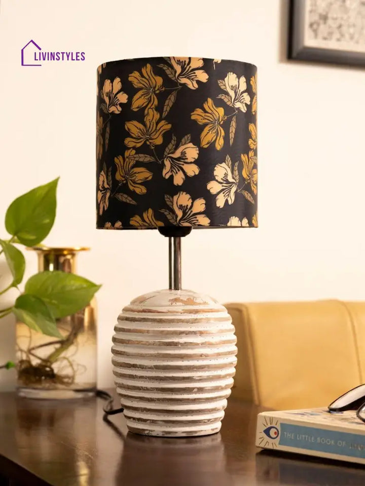 Stripped Distress White Lamp With Black Floral Multicolor Shade Table