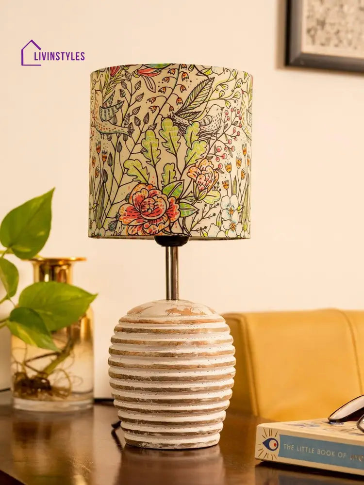 Stripped Distress White Lamp With Colorful Leaves Multicolor Shade Table