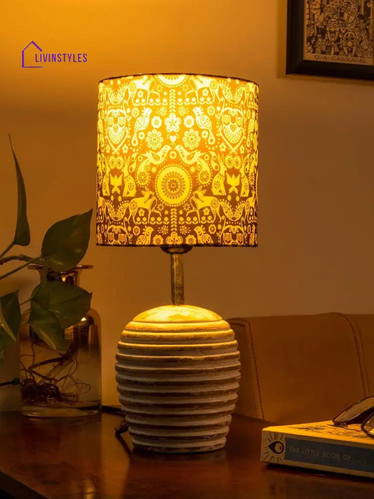 Stripped Distress White Lamp With Indian Art Multicolor Shade Table