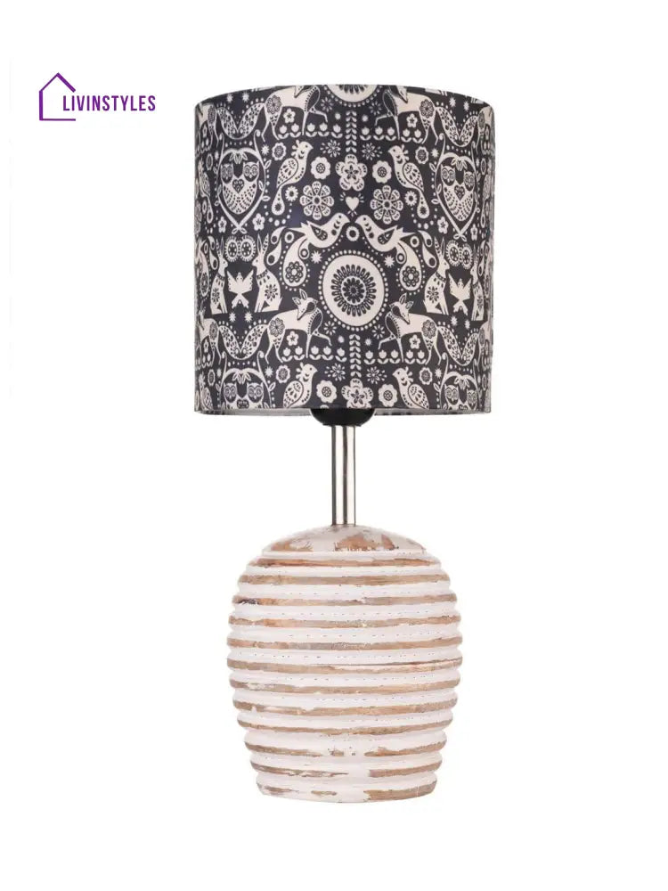 Stripped Distress White Lamp With Indian Art Multicolor Shade Table