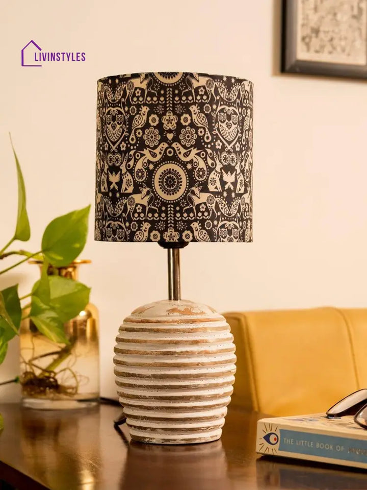 Stripped Distress White Lamp With Indian Art Multicolor Shade Table