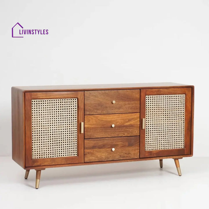 Sunil Solid Wood Rattan Cane Two Door Sideboard With Three Drawers