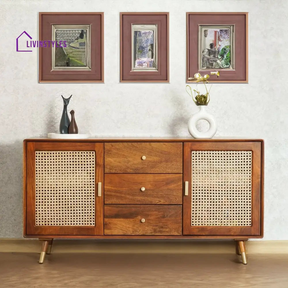 Sunil Solid Wood Rattan Cane Two Door Sideboard With Three Drawers