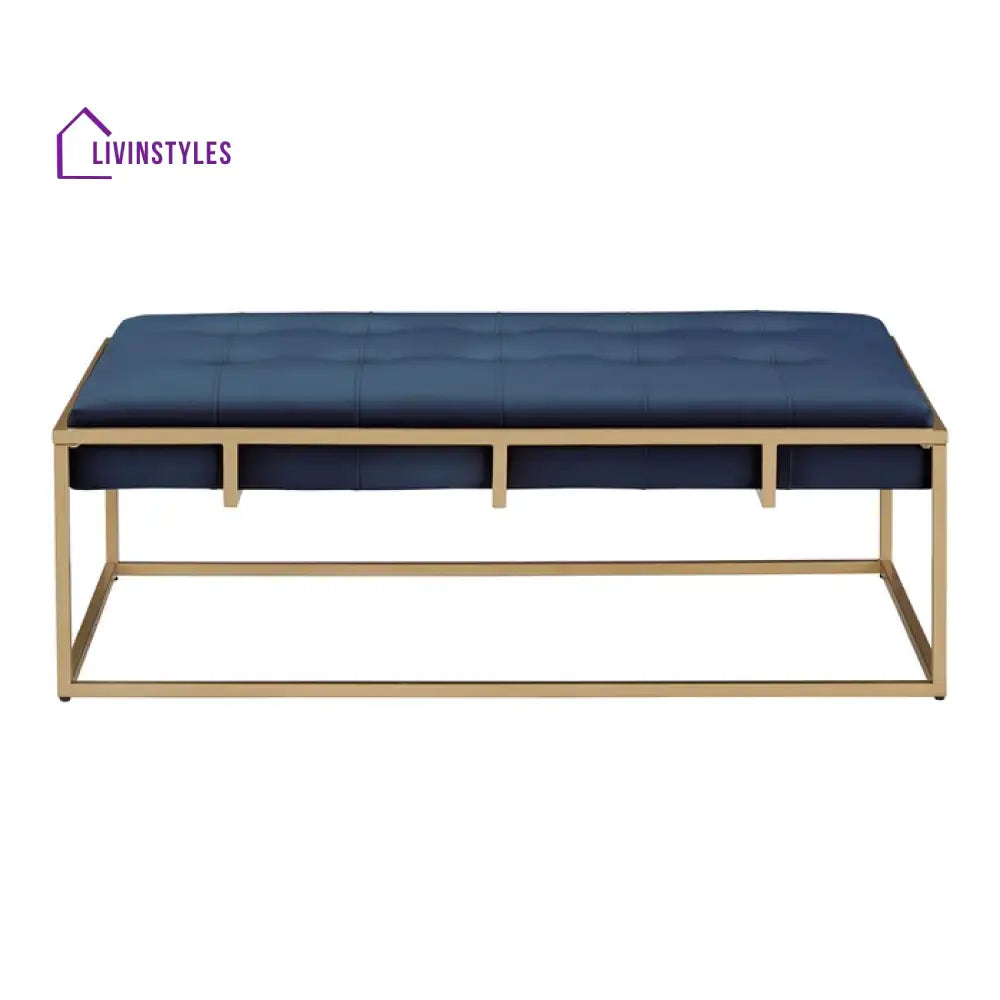 Sunny Rectangular Shaped Blue Velvet Ottoman with Golden Metal Finish Chairs