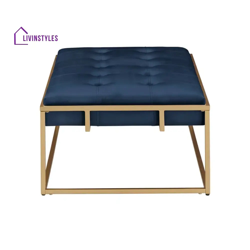 Sunny Rectangular Shaped Blue Velvet Ottoman with Golden Metal Finish Chairs