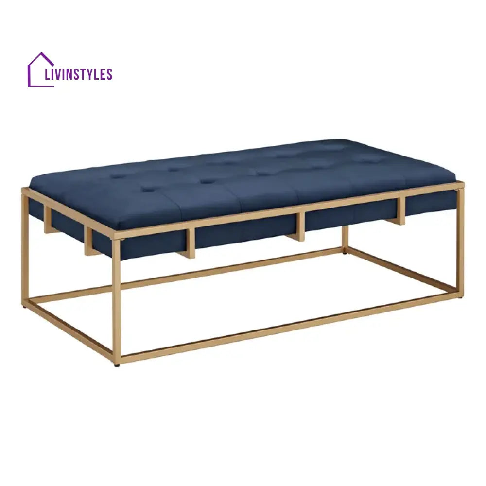 Sunny Rectangular Shaped Blue Velvet Ottoman with Golden Metal Finish Chairs