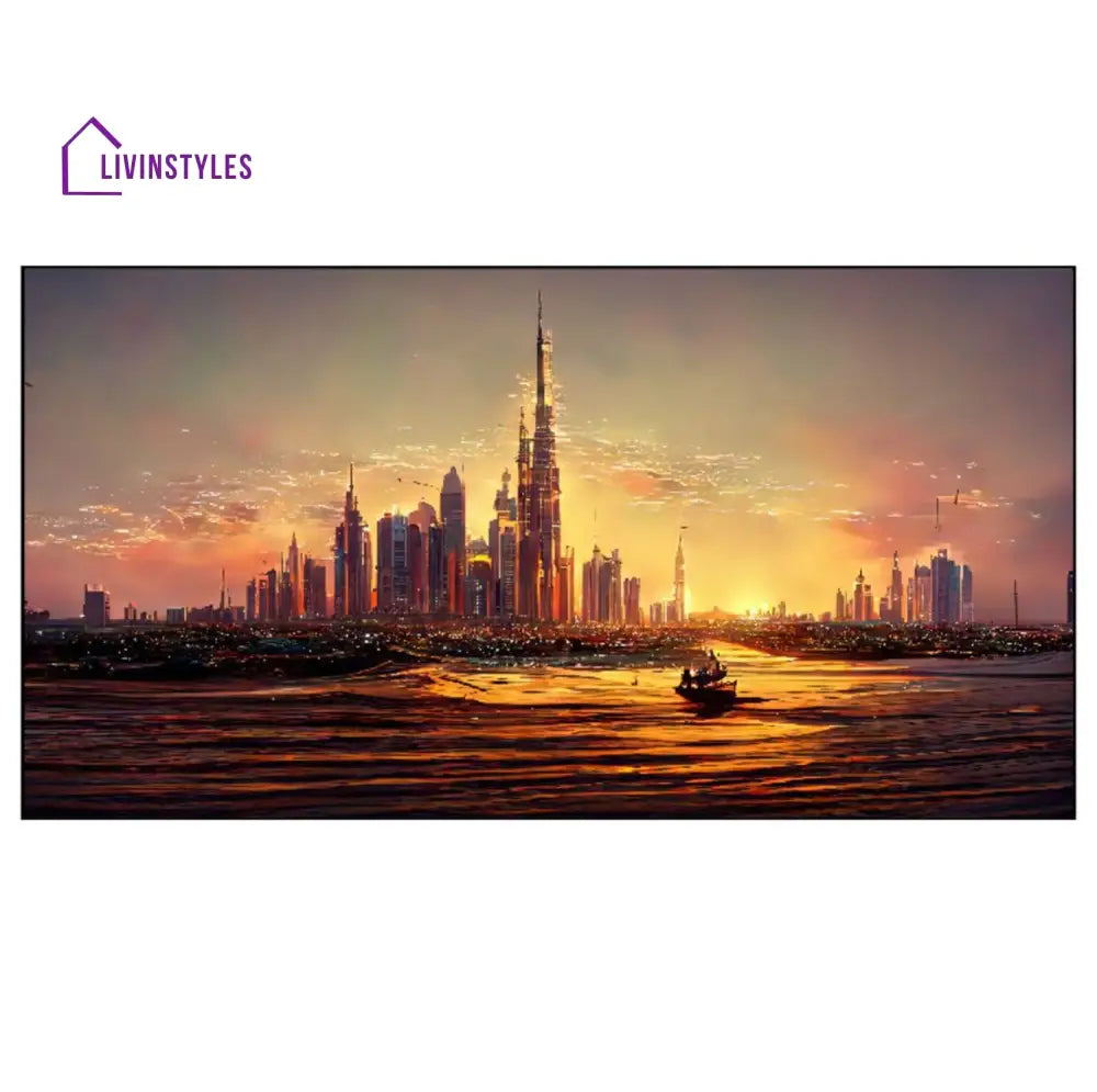 Sunset Cityscape: Tranquil Waters Reflection Wall Painting