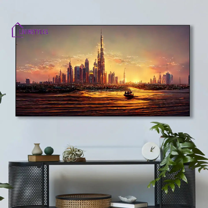 Sunset Cityscape: Tranquil Waters Reflection Wall Painting