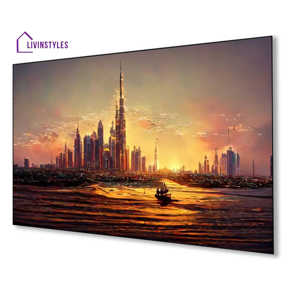 Sunset Cityscape: Tranquil Waters Reflection Wall Painting