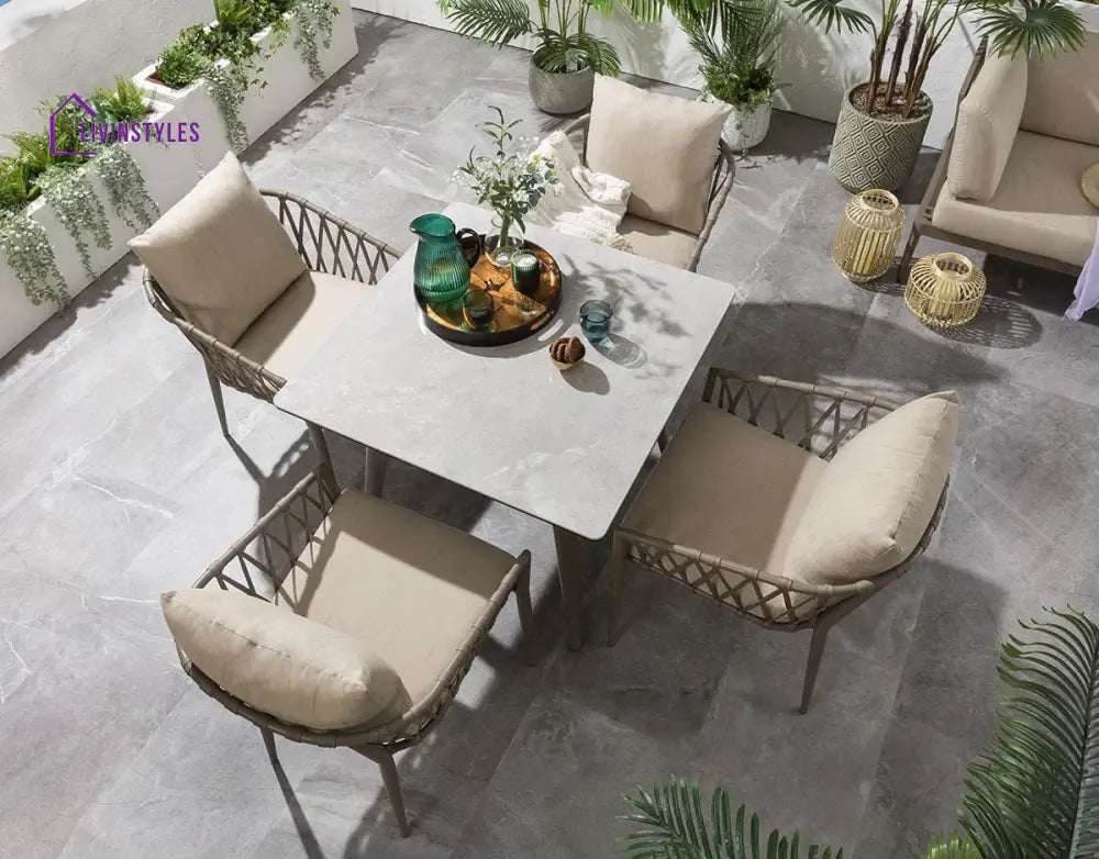 Suraj Outdoor Garden Patio Dining Set 4 Chairs And 1 Table (Beige) Braided & Rope Coffee Sets