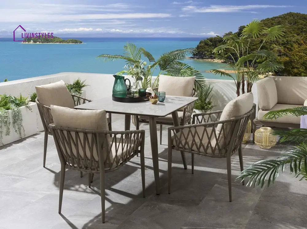 Suraj Outdoor Garden Patio Dining Set 4 Chairs And 1 Table (Beige) Braided & Rope Coffee Sets