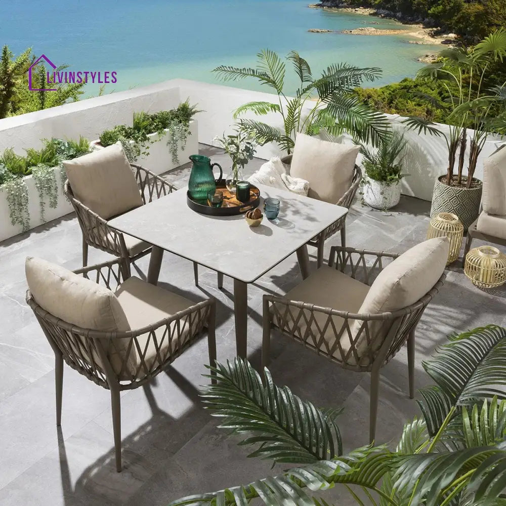 Suraj Outdoor Garden Patio Dining Set 4 Chairs And 1 Table (Beige) Braided & Rope Coffee Sets