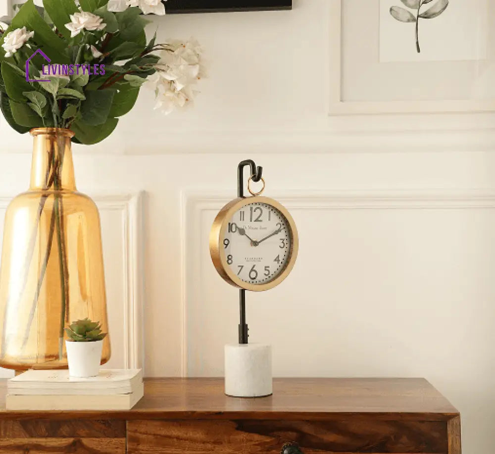 Suspended Marble Time Keeper In Gold Table Clock