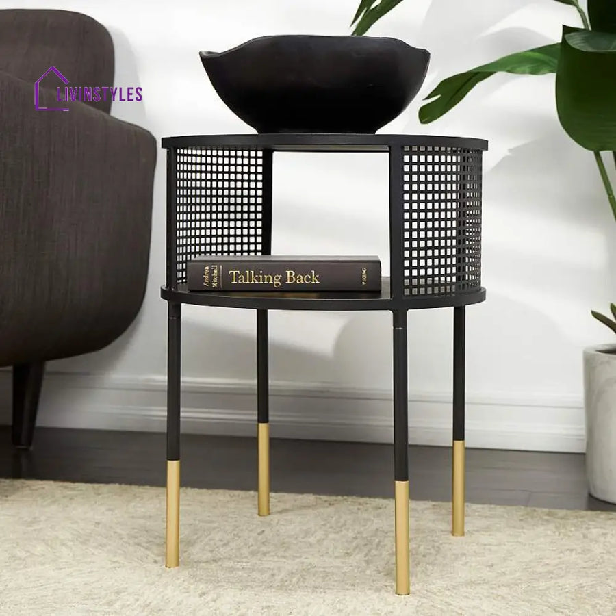 Swati Metal Black Side Table With Marble Top For Living Room