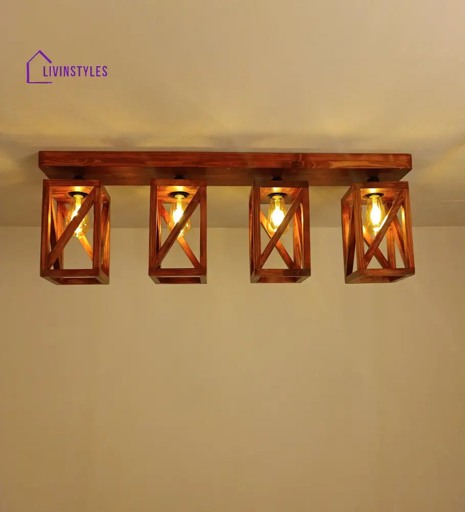 Symmetric Brown Wooden 4 Series Ceiling Lamp Lights