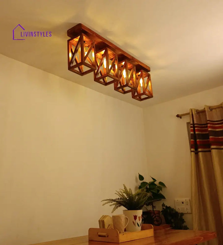 Symmetric Brown Wooden 4 Series Ceiling Lamp Lights