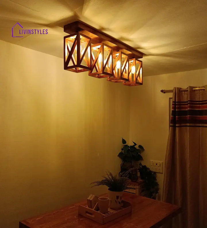 Symmetric Brown Wooden 4 Series Ceiling Lamp Lights