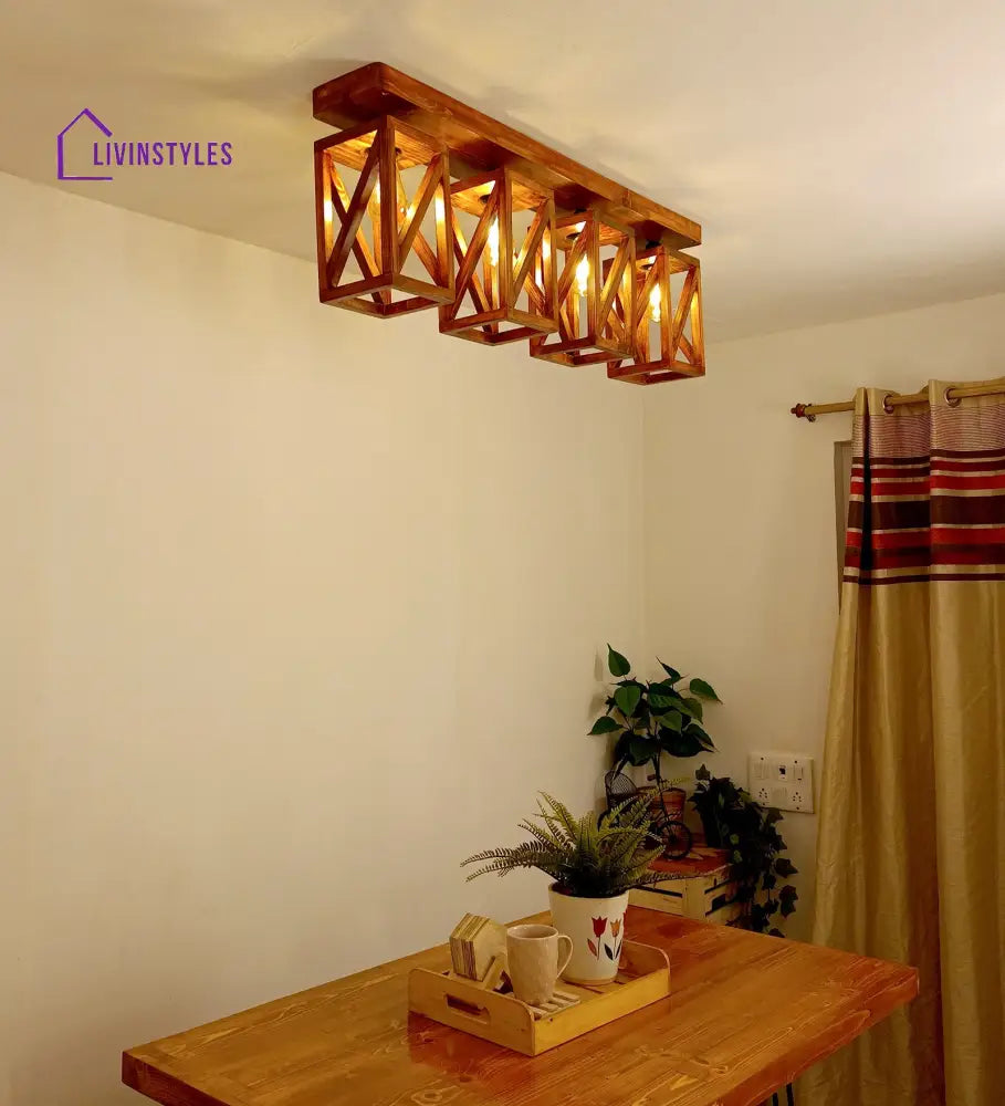 Symmetric Brown Wooden 4 Series Ceiling Lamp Lights