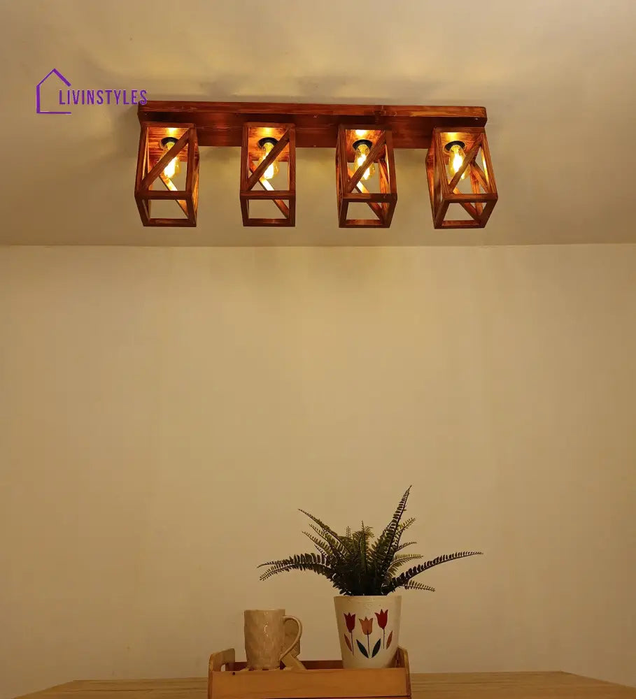 Symmetric Brown Wooden 4 Series Ceiling Lamp Lights