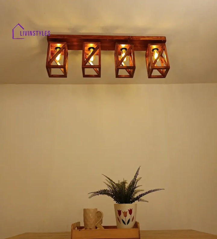 Symmetric Brown Wooden 4 Series Ceiling Lamp Lights