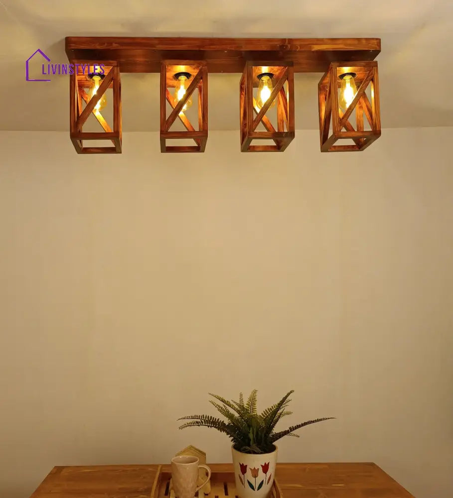 Symmetric Brown Wooden 4 Series Ceiling Lamp Lights