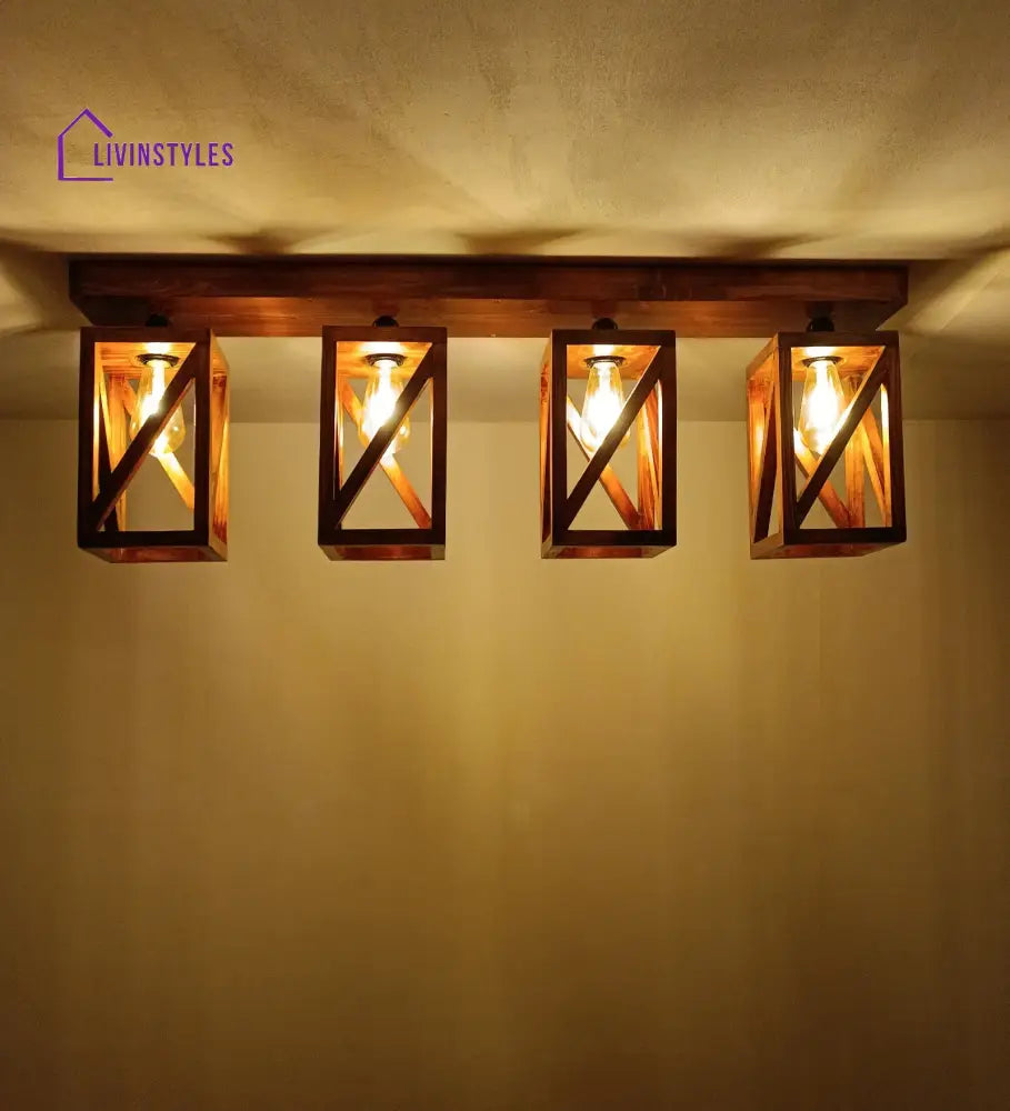 Symmetric Brown Wooden 4 Series Ceiling Lamp Lights