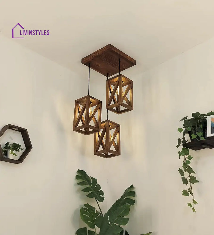 Symmetric Brown Wooden Cluster Hanging Lamp Hanging Lamps