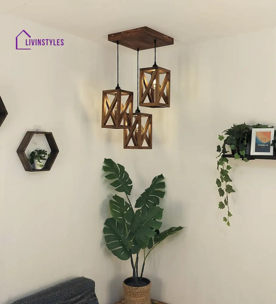 Symmetric Brown Wooden Cluster Hanging Lamp Hanging Lamps