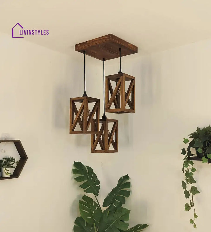 Symmetric Brown Wooden Cluster Hanging Lamp Hanging Lamps