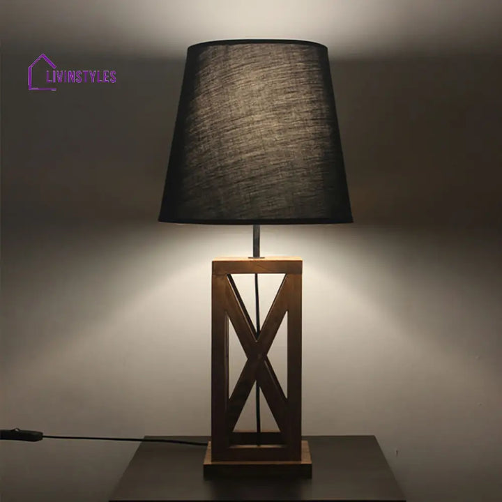 Symmetric Brown Wooden Table Lamp With Black Fabric Lampshade Lamps